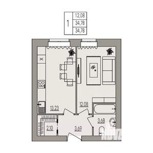 1-к квартира, вторичка, 35м2, 1/3 этаж
