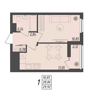 1-к квартира, вторичка, 30м2, 2/10 этаж