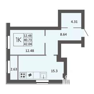 1-к квартира, строящийся дом, 42м2, 1/4 этаж