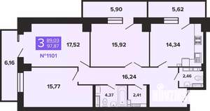 3-к квартира, строящийся дом, 98м2, 14/19 этаж