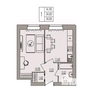 1-к квартира, вторичка, 35м2, 2/3 этаж