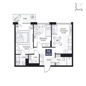 2-к квартира, вторичка, 60м2, 5/9 этаж