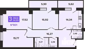 3-к квартира, строящийся дом, 95м2, 8/19 этаж