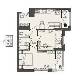 2-к квартира, вторичка, 51м2, 3/17 этаж