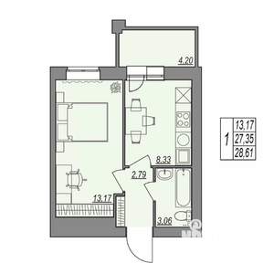 1-к квартира, строящийся дом, 29м2, 4/7 этаж