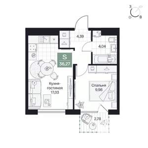 1-к квартира, вторичка, 37м2, 6/9 этаж