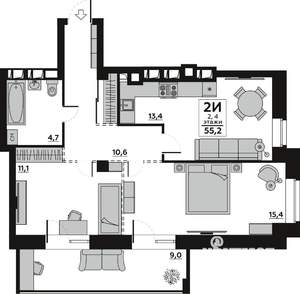 2-к квартира, вторичка, 55м2, 2/7 этаж