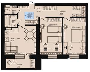 2-к квартира, вторичка, 76м2, 1/16 этаж