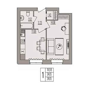 1-к квартира, вторичка, 35м2, 2/3 этаж