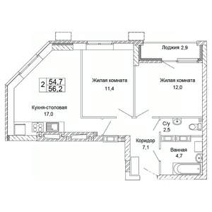 2-к квартира, вторичка, 56м2, 15/17 этаж