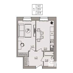 1-к квартира, вторичка, 37м2, 1/3 этаж