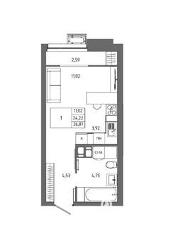 1-к квартира, вторичка, 27м2, 22/23 этаж