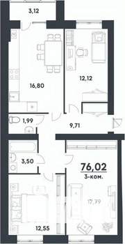 3-к квартира, строящийся дом, 76м2, 1/4 этаж