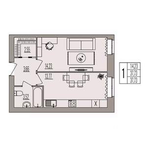 1-к квартира, вторичка, 38м2, 3/3 этаж