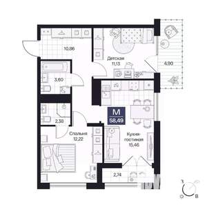 2-к квартира, вторичка, 58м2, 4/10 этаж