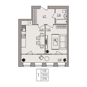 1-к квартира, вторичка, 38м2, 1/3 этаж