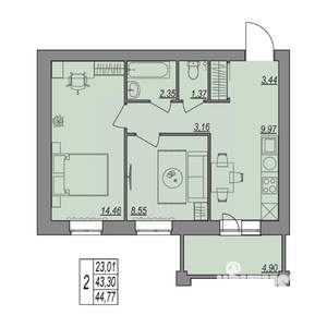 2-к квартира, строящийся дом, 45м2, 2/7 этаж
