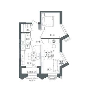 2-к квартира, вторичка, 56м2, 3/22 этаж