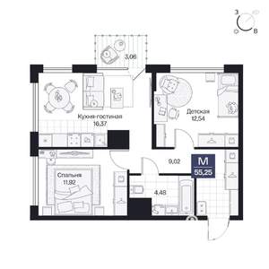 2-к квартира, вторичка, 55м2, 6/10 этаж