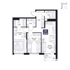 2-к квартира, вторичка, 69м2, 6/10 этаж