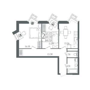 2-к квартира, вторичка, 61м2, 12/22 этаж