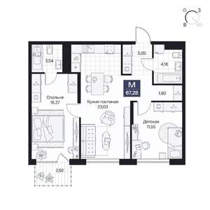 2-к квартира, вторичка, 67м2, 2/10 этаж