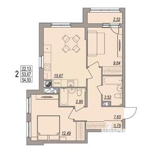 2-к квартира, вторичка, 55м2, 6/6 этаж