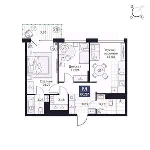 2-к квартира, вторичка, 60м2, 4/9 этаж