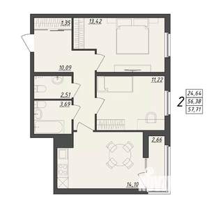 2-к квартира, вторичка, 58м2, 10/10 этаж
