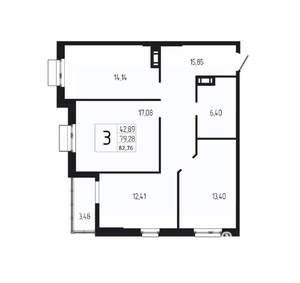 3-к квартира, вторичка, 83м2, 3/18 этаж
