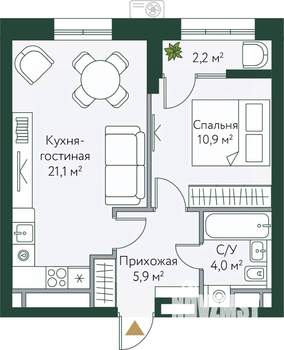 1-к квартира, вторичка, 44м2, 2/24 этаж