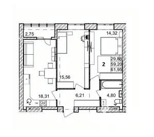 2-к квартира, вторичка, 62м2, 2/9 этаж