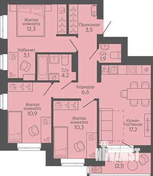 3-к квартира, вторичка, 72м2, 13/19 этаж