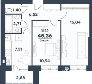 2-к квартира, строящийся дом, 45м2, 4/4 этаж