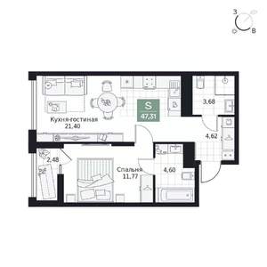 1-к квартира, вторичка, 47м2, 5/9 этаж