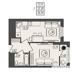 1-к квартира, вторичка, 35м2, 3/17 этаж