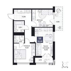 2-к квартира, вторичка, 58м2, 7/10 этаж