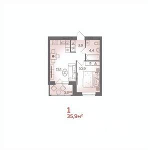 1-к квартира, вторичка, 36м2, 6/21 этаж