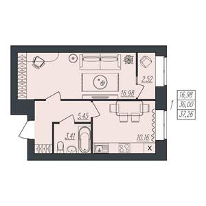 1-к квартира, вторичка, 37м2, 9/10 этаж
