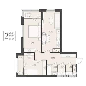 2-к квартира, вторичка, 62м2, 7/17 этаж