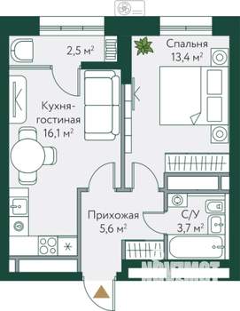 1-к квартира, строящийся дом, 41м2, 18/24 этаж