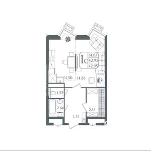 1-к квартира, вторичка, 43м2, 3/22 этаж
