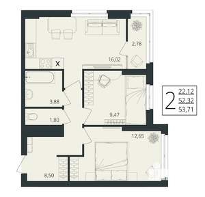 2-к квартира, вторичка, 54м2, 12/17 этаж