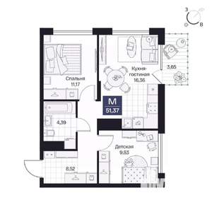 2-к квартира, вторичка, 51м2, 6/10 этаж