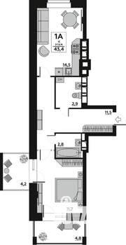 1-к квартира, вторичка, 43м2, 4/7 этаж