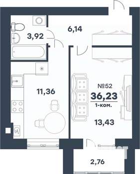 1-к квартира, строящийся дом, 36м2, 5/5 этаж