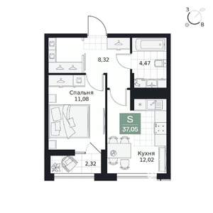 1-к квартира, вторичка, 37м2, 6/9 этаж