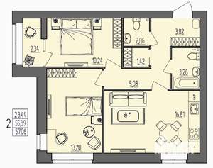 2-к квартира, вторичка, 57м2, 2/4 этаж