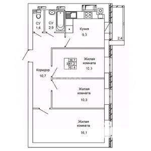 3-к квартира, вторичка, 62м2, 2/9 этаж