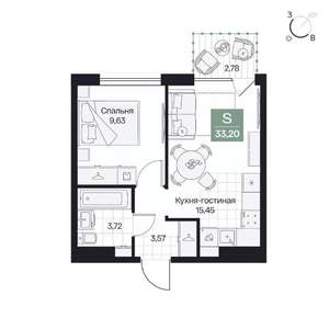 1-к квартира, вторичка, 33м2, 3/9 этаж